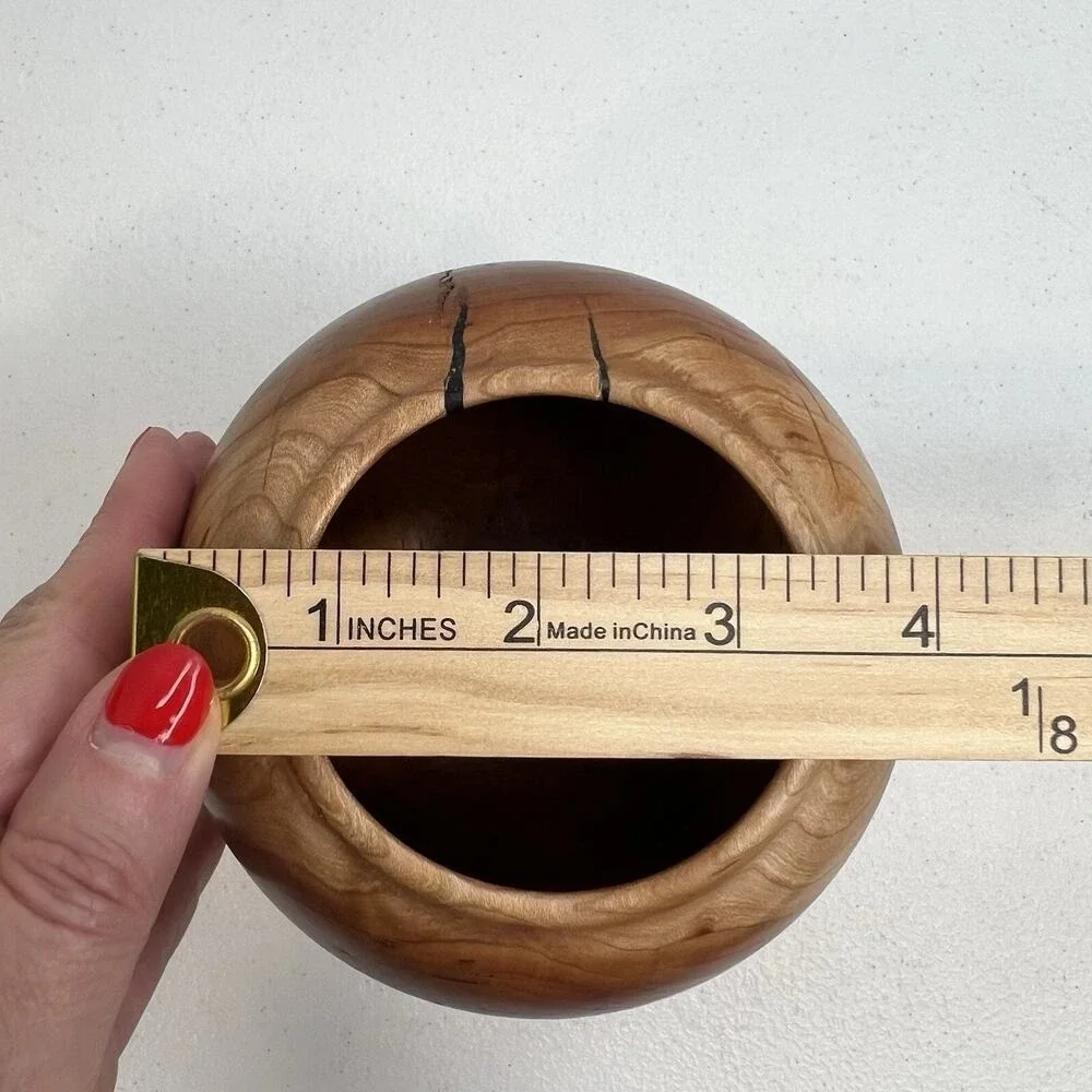 Wooden Mid Century Modern Hand Carved‎ Round Hollow Form Wood Vase Crown Sign